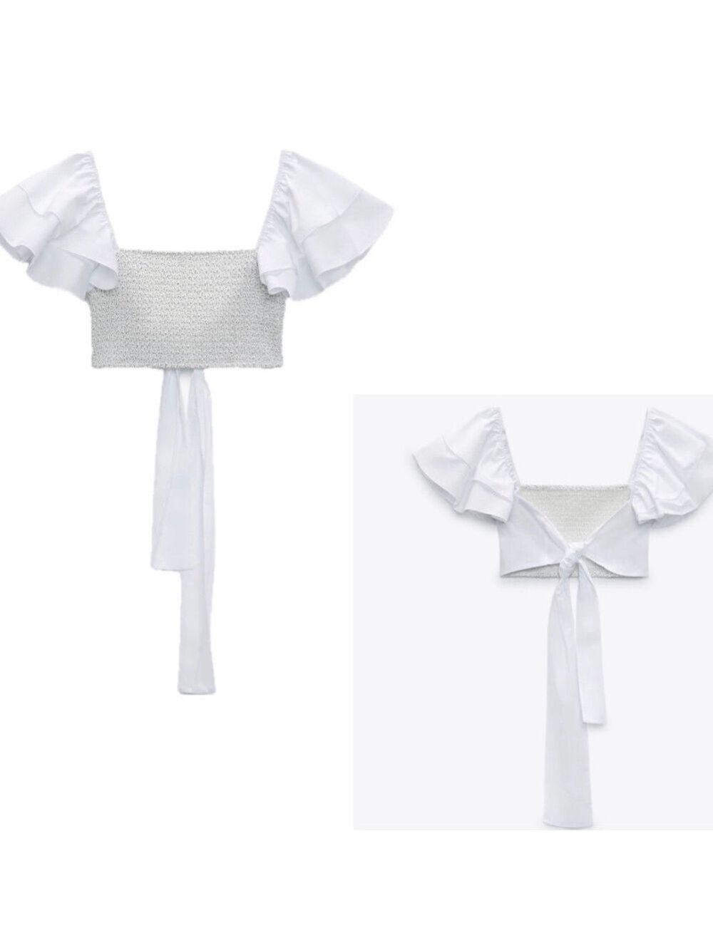 Zara white voluminous ruffle frill sleeve smocked open back crop top back tie L
